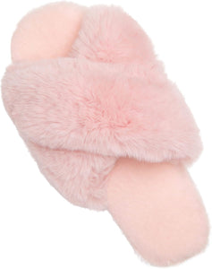 Women'S Cross Band House Fuzzy Slippers Soft Plush Fleece Fluffy Furry Faux Fur Slides Open Toe Memory Foam Indoor Outdoor Warm Comfy Bedroom Bridesmaid Wedding, Pink, 10 US