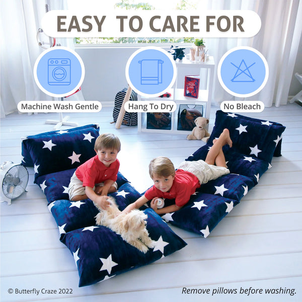 Floor Pillow Bed Lounger Cover, Cozy & Stylish Seating Solution for Kids & Adults, Recliner Floor Cushion for Ultimate Comfort, Holds 5 Pillows, Cover Only, Navy Stars, Queen