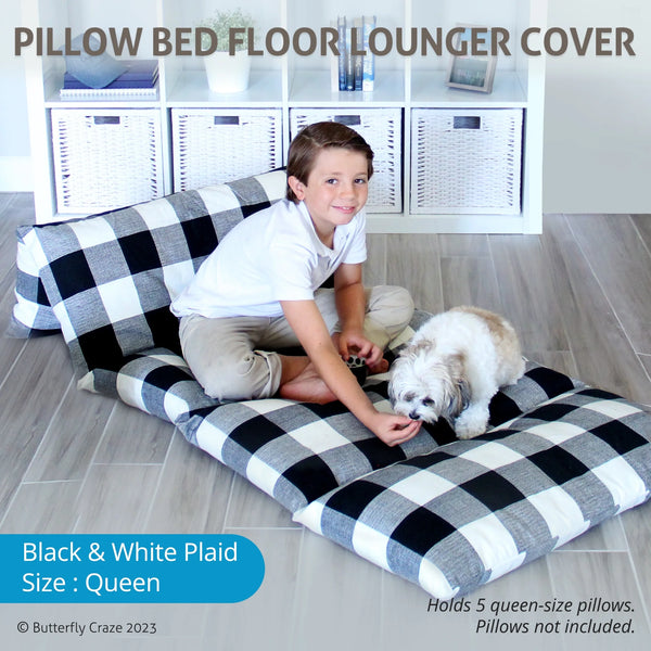 Floor Pillow Bed Lounger Cover, Cozy & Stylish Seating Solution for Kids & Adults, Recliner Floor Cushion for Ultimate Comfort, Holds 5 Pillows, Cover Only, Plaid, Queen