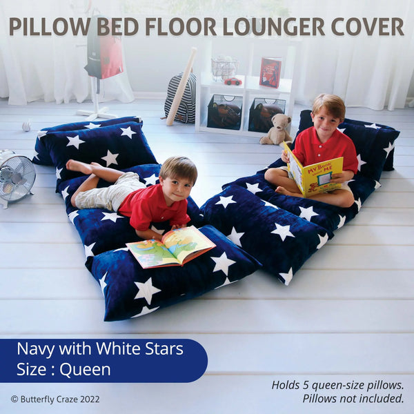 Floor Pillow Bed Lounger Cover, Cozy & Stylish Seating Solution for Kids & Adults, Recliner Floor Cushion for Ultimate Comfort, Holds 5 Pillows, Cover Only, Navy Stars, Queen