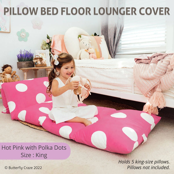 Floor Pillow Bed Lounger Cover, Cozy & Stylish Seating Solution for Kids & Adults, Recliner Floor Cushion for Ultimate Comfort, Holds 5 Pillows, Cover Only, Hot Pink Polka Dot, King