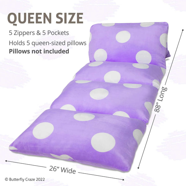 Floor Pillow Bed Lounger Cover, Cozy & Stylish Seating Solution for Kids & Adults, Recliner Floor Cushion for Ultimate Comfort, Holds 5 Pillows, Cover Only, Purple Polka Dot, Queen