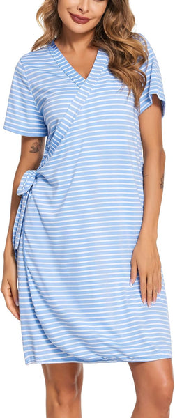 Striped Maternity Robe, Pregnant Short Sleeve Labor Delivery Nursing Hospital Gowns S-XXL Sky Blue