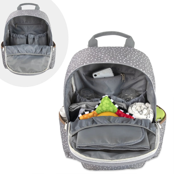 Gray Line Quilted Multi-Pocket Dual Zipper Closure Fashion Diaper Bag Backpack in Dots with Magnetic Front Baby Wipe Pocket, Matching 3-Ply Folding Baby Changing Pad