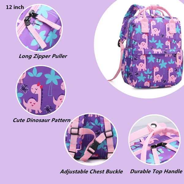 Cute Toddler Preschool Backpack Dinosaur Unicorn School Book Bag for Girls, Boys, Kids, Kindergarten Nursery Travel Bag with Chest Strap(Purple Dinosaur)