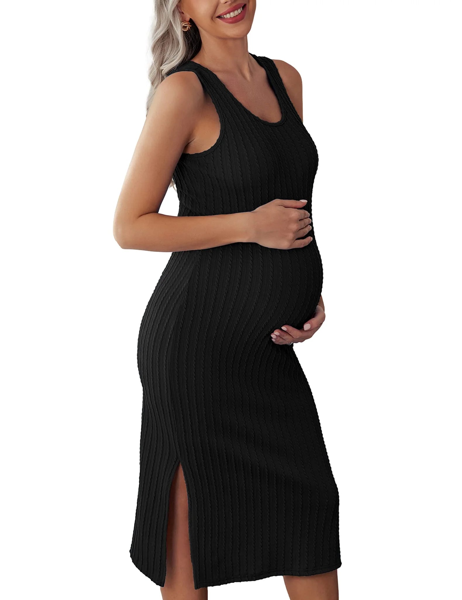 Women Maternity Dress for Baby Shower Rib Knit Black Bodycon Dress Sleeveless Tank Maternity Dress Casual Pregnancy Outfits for Photoshoot