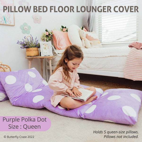 Floor Pillow Bed Lounger Cover, Cozy & Stylish Seating Solution for Kids & Adults, Recliner Floor Cushion for Ultimate Comfort, Holds 5 Pillows, Cover Only, Purple Polka Dot, Queen