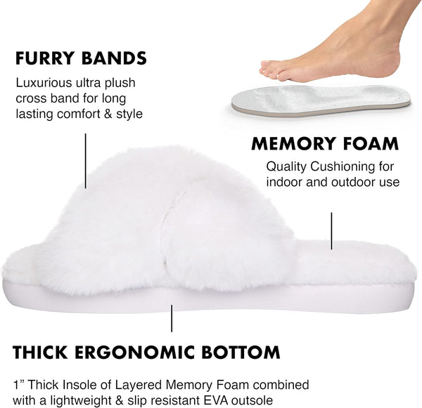 Women'S Cross Band House Shoes Fuzzy Slip on Furry Slippers Women Soft Plush Fleece Fluffy Faux Fur Slides Open Toe Memory Foam Indoor Outdoor Warm Cozy Comfy Bedroom for Women Bride Bridesmaid