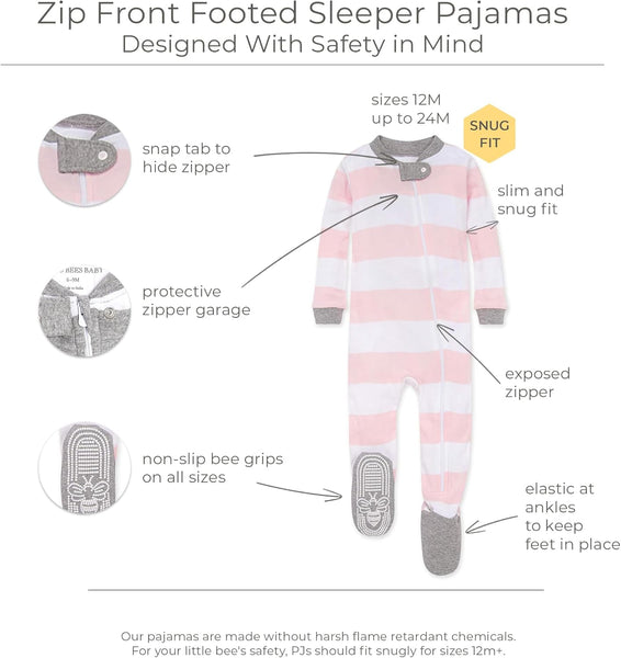 Girls' Pajamas, Zip Front Non-Slip Footed Pjs, 100% Organic Cotton and Toddler Sleepers