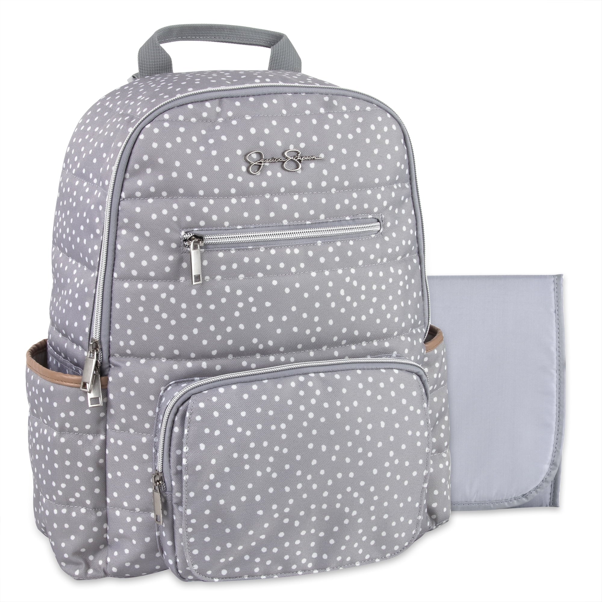 Gray Line Quilted Multi-Pocket Dual Zipper Closure Fashion Diaper Bag Backpack in Dots with Magnetic Front Baby Wipe Pocket, Matching 3-Ply Folding Baby Changing Pad