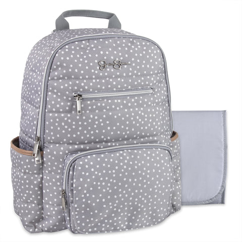 Gray Line Quilted Multi-Pocket Dual Zipper Closure Fashion Diaper Bag Backpack in Dots with Magnetic Front Baby Wipe Pocket, Matching 3-Ply Folding Baby Changing Pad