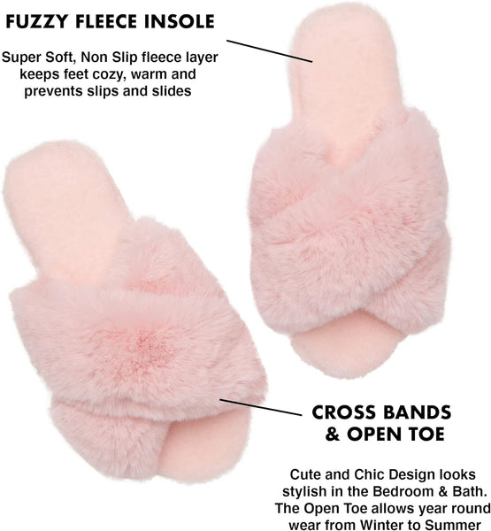 Women'S Cross Band House Fuzzy Slippers Soft Plush Fleece Fluffy Furry Faux Fur Slides Open Toe Memory Foam Indoor Outdoor Warm Comfy Bedroom Bridesmaid Wedding, Pink, 10 US