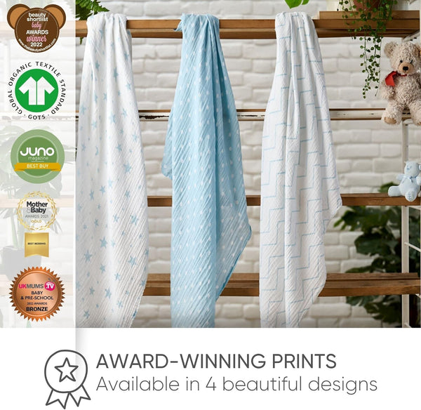 Pack of 3 Super Soft Muslin Swaddle Blankets - 100% Certified Organic Cotton Muslin Swaddles - Blue & White - 47" X 47"