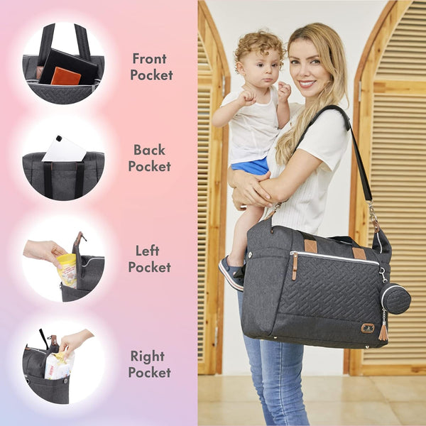 Diaper Bag Tote with Pacifier Case and Changing Pad, Large Travel Diaper Tote for Mom and Dad, Multifunction Baby Bag for Boys and Girls, Dark Grey