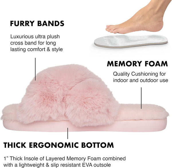 Women'S Cross Band House Fuzzy Slippers Soft Plush Fleece Fluffy Furry Faux Fur Slides Open Toe Memory Foam Indoor Outdoor Warm Comfy Bedroom Bridesmaid Wedding, Pink, 10 US