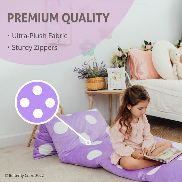 Floor Pillow Bed Lounger Cover, Cozy & Stylish Seating Solution for Kids & Adults, Recliner Floor Cushion for Ultimate Comfort, Holds 5 Pillows, Cover Only, Purple Polka Dot, Queen