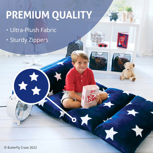 Floor Pillow Bed Lounger Cover, Cozy & Stylish Seating Solution for Kids & Adults, Recliner Floor Cushion for Ultimate Comfort, Holds 5 Pillows, Cover Only, Navy Stars, Queen