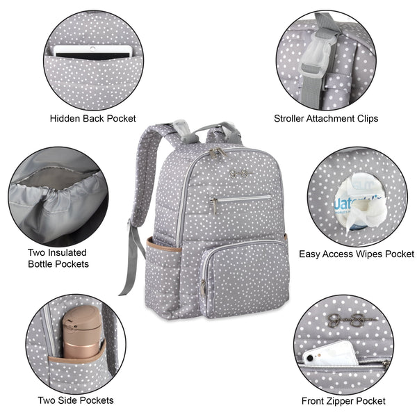 Gray Line Quilted Multi-Pocket Dual Zipper Closure Fashion Diaper Bag Backpack in Dots with Magnetic Front Baby Wipe Pocket, Matching 3-Ply Folding Baby Changing Pad