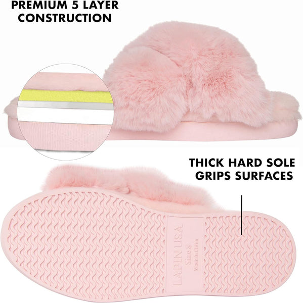 Women'S Cross Band House Fuzzy Slippers Soft Plush Fleece Fluffy Furry Faux Fur Slides Open Toe Memory Foam Indoor Outdoor Warm Comfy Bedroom Bridesmaid Wedding, Pink, 10 US