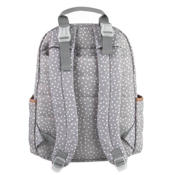 Gray Line Quilted Multi-Pocket Dual Zipper Closure Fashion Diaper Bag Backpack in Dots with Magnetic Front Baby Wipe Pocket, Matching 3-Ply Folding Baby Changing Pad