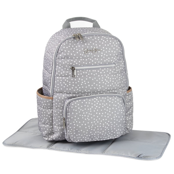 Gray Line Quilted Multi-Pocket Dual Zipper Closure Fashion Diaper Bag Backpack in Dots with Magnetic Front Baby Wipe Pocket, Matching 3-Ply Folding Baby Changing Pad