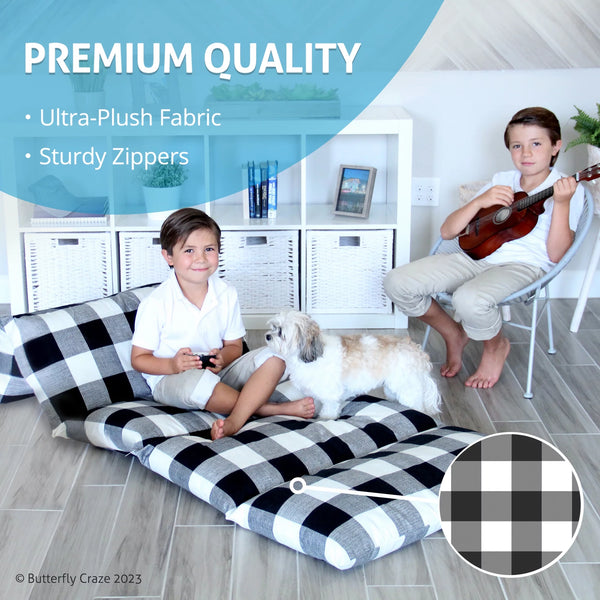 Floor Pillow Bed Lounger Cover, Cozy & Stylish Seating Solution for Kids & Adults, Recliner Floor Cushion for Ultimate Comfort, Holds 5 Pillows, Cover Only, Plaid, Queen