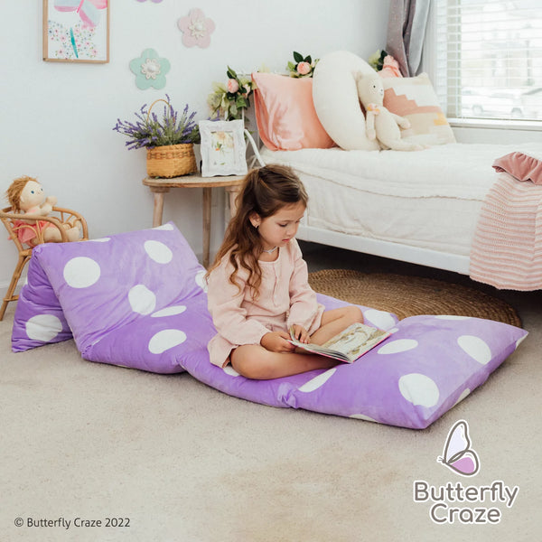 Floor Pillow Bed Lounger Cover, Cozy & Stylish Seating Solution for Kids & Adults, Recliner Floor Cushion for Ultimate Comfort, Holds 5 Pillows, Cover Only, Purple Polka Dot, Queen