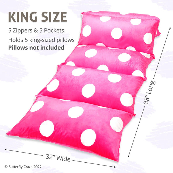 Floor Pillow Bed Lounger Cover, Cozy & Stylish Seating Solution for Kids & Adults, Recliner Floor Cushion for Ultimate Comfort, Holds 5 Pillows, Cover Only, Hot Pink Polka Dot, King