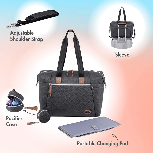 Diaper Bag Tote with Pacifier Case and Changing Pad, Large Travel Diaper Tote for Mom and Dad, Multifunction Baby Bag for Boys and Girls, Dark Grey