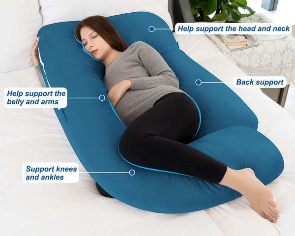 Pregnancy Pillow, Maternity Body Pillow for Sleeping with Cooling Body Pillow Cover, 55Inch U Shaped Pregnancy Pillows for Pregnant Women, Blue Jersey