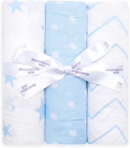 Pack of 3 Super Soft Muslin Swaddle Blankets - 100% Certified Organic Cotton Muslin Swaddles - Blue & White - 47" X 47"